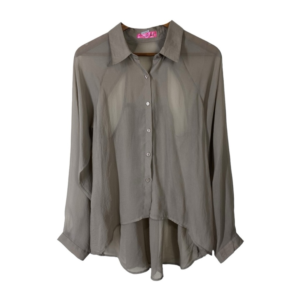 RETRO DOLL Grey Taupe Long Sleeve Sheer Open Back Silk Top size Large